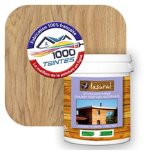 Charger l'image dans la galerie, Saturateur écologique Natura Lasural® Chêne Clair (Bois Classic BC02) Intérieur/Extérieur MAT pour 8 m² - (conditionnement de 1.00 L) avec une pastille de ton chêne clair en fond d'image