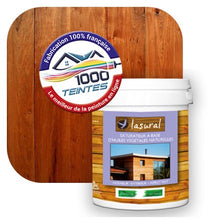 Charger l'image dans la galerie, Saturateur écologique Natura Lasural® Iroko (Bois Classic BC03) Intérieur/Extérieur MAT pour 8 m² - (conditionnement de 1.00 L) avec une pastille de ton iroko en fond d'image