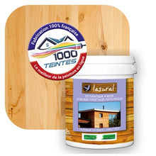 Charger l'image dans la galerie, Saturateur écologique Natura Lasural® Pin Du Nord (Bois Classic BC06) Intérieur/Extérieur MAT pour 8 m² - (conditionnement de 1.00 L) avec une pastille de ton pin du nord en fond d'image
