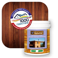 Charger l'image dans la galerie, Saturateur écologique Natura Lasural® Teck (Bois Classic BC08) Intérieur/Extérieur MAT pour 8 m² - (conditionnement de 1.00 L) avec une pastille de ton teck en fond d'image